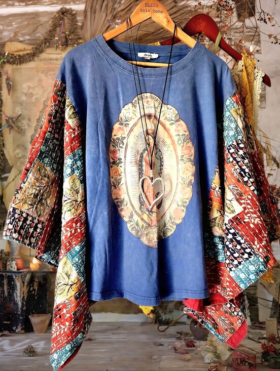Blue velvet. Tops - Boho Blue Graphic Tunic with Colorful Patchwork Sleeves